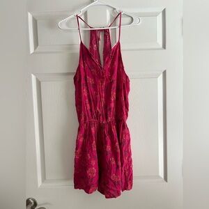Hollister Hot Pink Floral Sleeveless Elastic Waist Halter Tie Romper Large